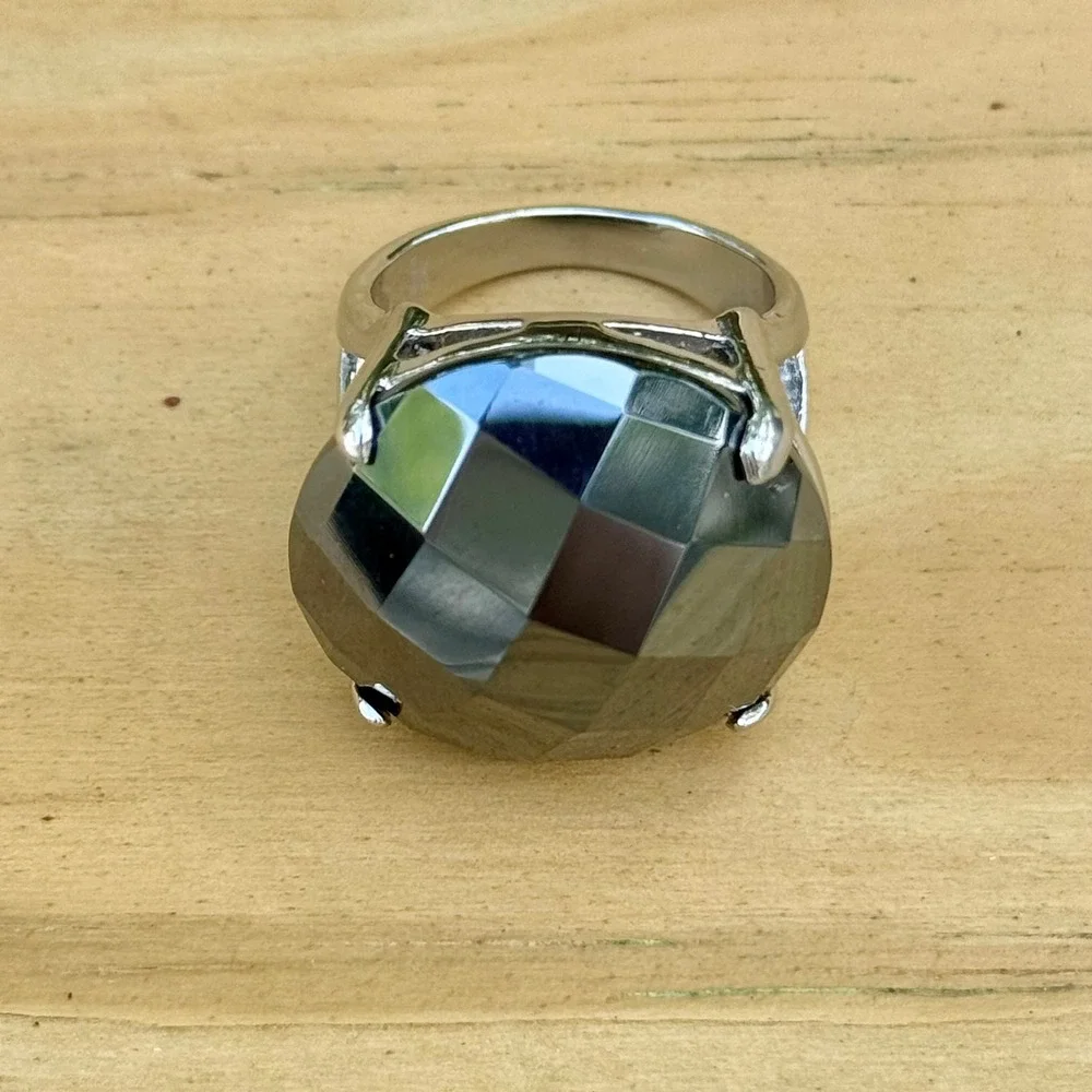 Milor China Silver Tone Hematite Checkerboard Faceted Round Cocktail Ring Size 9